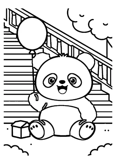 Un pui de panda ține un balon rotund și stă pe niște trepte late din piatră.