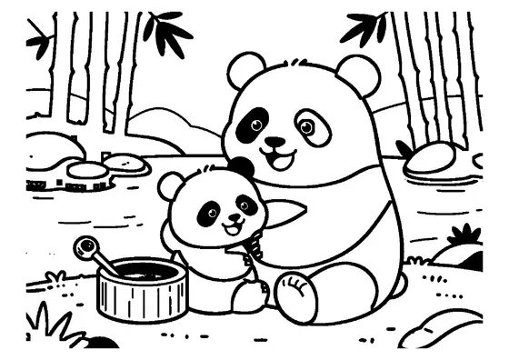 O ursoaică panda și puiul ei stau pe malul nisipos al unui mic pârâu de pădure.