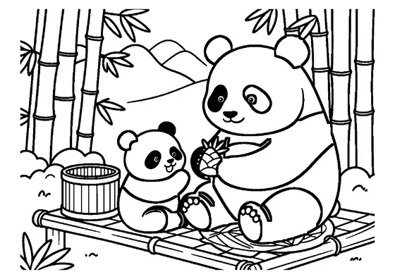 O mamă panda își hrănește și îngrijește puiul pe o platformă de bambus.