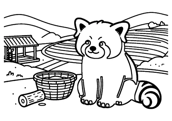 Ein Kleiner Panda sitzt am steinigen Rand weitläufiger Teeterrassen.