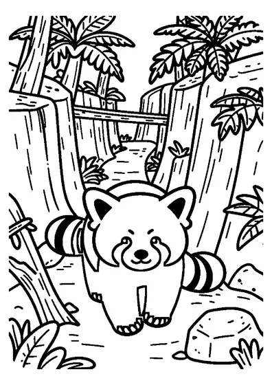Ein Kleiner Panda läuft durch eine Schlucht mit Farnen, Wurzeln und Felswänden.