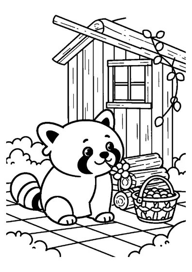 Un panda roșu miroase flori sălbatice lângă o stivă de lemne de foc și o căsuță de la țară.
