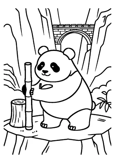 Panda stojí na skalní terase nad rozsáhlou horskou roklí.