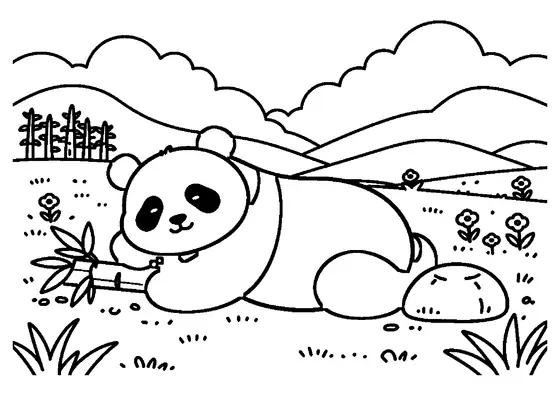 Panda leží s bambusem na široké louce v horské rezervaci.