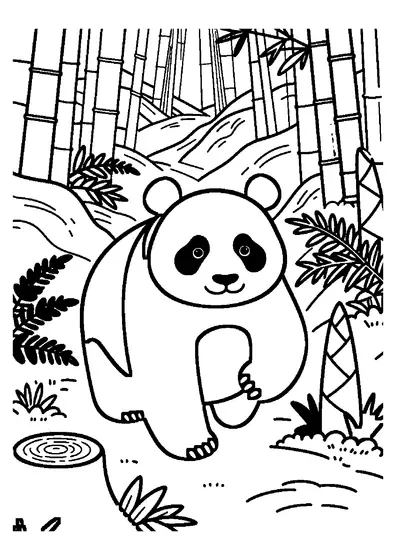 Ein Panda läuft durch ein Tal voller großer Farne und breiter Steine.