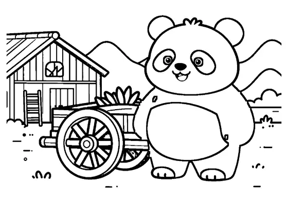 Un panda uriaș stă lângă o căruță veche cu roți, încărcată cu lăstari de bambus.