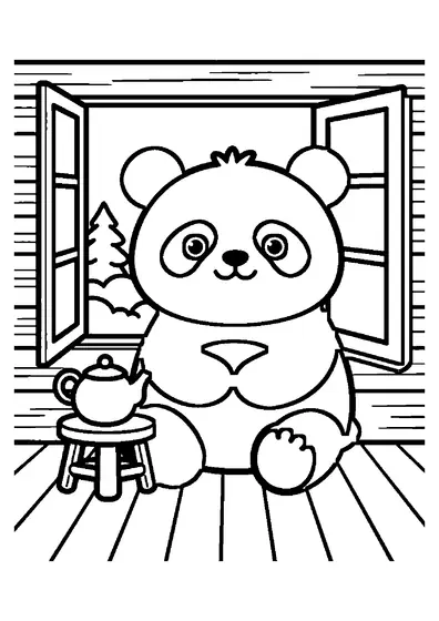 Ein Großer Panda blickt im winterlichen Wald aus dem Fenster eines hölzernen Hochsitzes.
