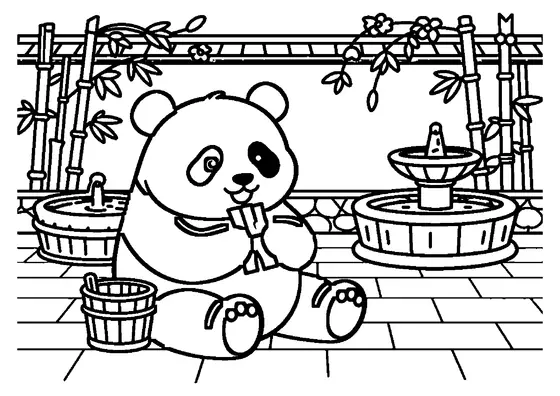 Un panda uriaș ține bambus lângă o fântână veche din piatră, într-o grădină.