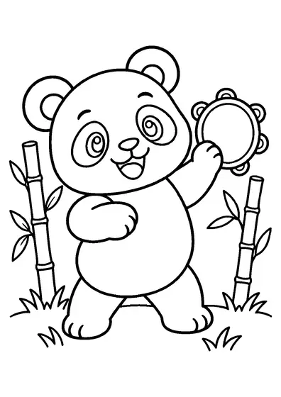 Smiling panda raising a tambourine while standing on grass between two bamboo stalks, ready to color