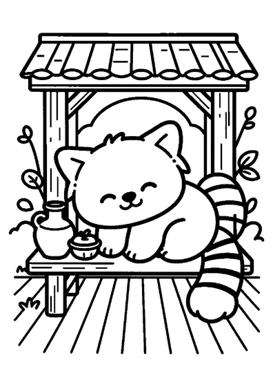 Un panda roșu doarme ghemuit pe o bancă, într-un foișor de lemn din grădină.