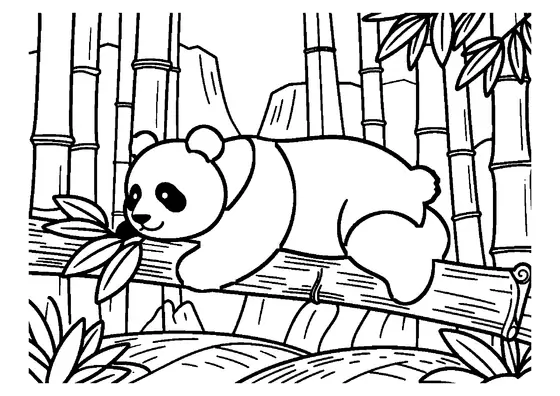 Panda spí na silné větvi mezi bambusovým lesem a skalními útesy.