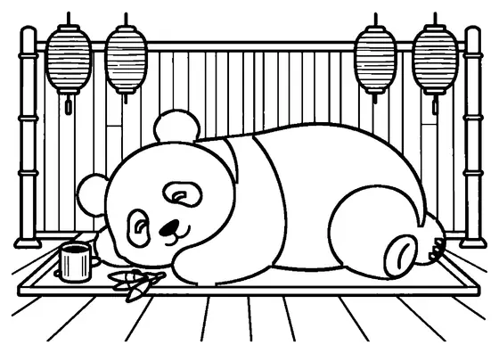 Un panda gigante durmiendo sobre su vientre en una plataforma tradicional de bambú.