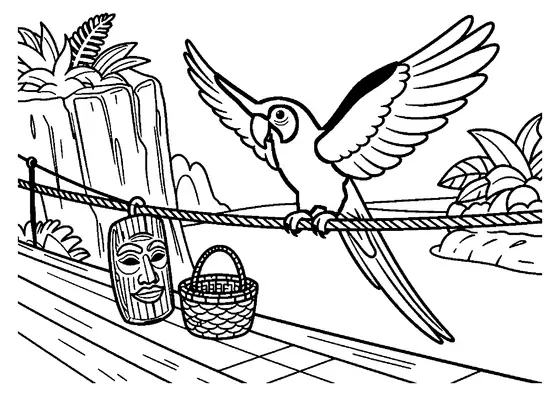 Un guacamayo rojo con las alas desplegadas junto a un puente de cuerda tropical.