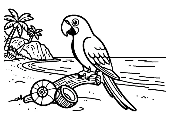 Un ara est perché sur une racine près d’un coquillage, dans une crique bordée d’une falaise et de palmiers.