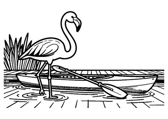 Un flamingo stă lângă un ponton din lemn, pe malul unui lac, alături de un caiac