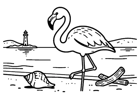 Un flamingo roșu pășește prin apă lângă țărmul nisipos al oceanului.