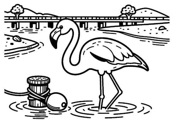 Un flamingo american se apleacă spre apă lângă un stâlp de lemn și o geamandură plutitoare din lagună.