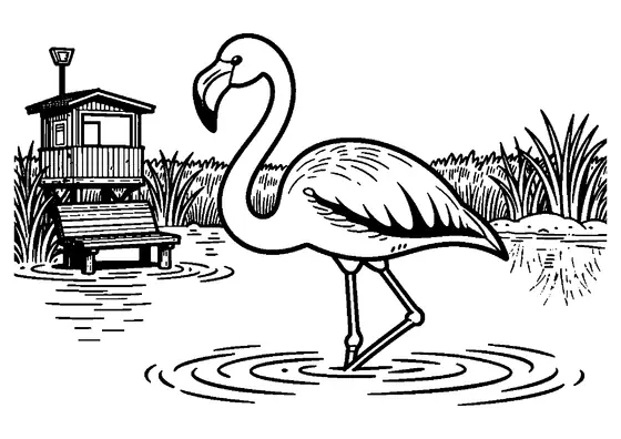 Flamant rouge marchant dans une eau peu profonde près d’un petit banc en bois.