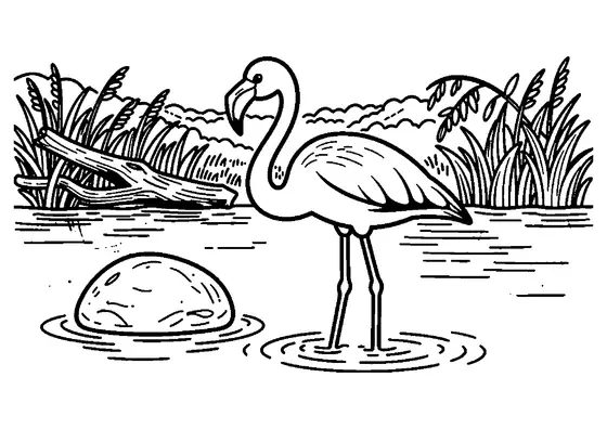 Flamant nain debout près d’une pierre polie au bord d’une rivière.