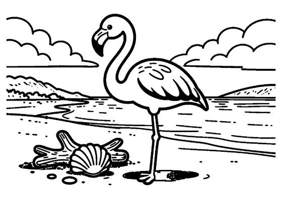 Un flamenco se sostiene sobre una pata en una laguna poco profunda, junto a conchas, dunas y un mar en calma.