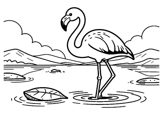 Un flamenco camina por un amplio lago salado junto a una roca y una hoja que flota en el agua.