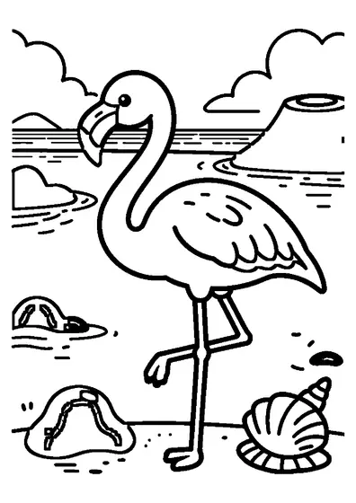 Un flamant rose se tient près d’une pierre de lave, dans un lagon dominé par un versant volcanique.