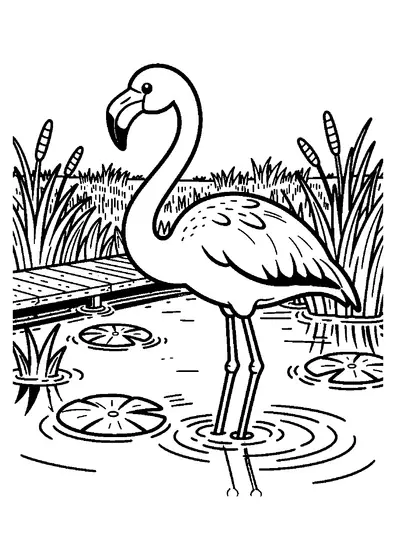 Un flamant rose se tient près d’une feuille de nénuphar, dans un marais avec des roseaux et un ponton en bois.