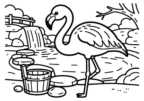 Un flamingo stă lângă un bazin pitoresc, unde apa curge în cascadă peste pietre.