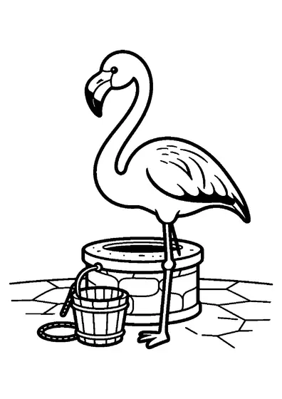 Un flamingo roz stă într-un picior lângă o fântână rustică de țară, prevăzută cu o găleată.