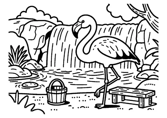Un flamingo roz pășește prin apă lângă o cascadă mică, înconjurată de pietre de râu.