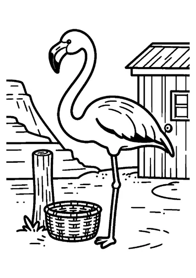 Un flamingo mare stă într-un picior lângă un stâlp de lemn și un coș, la marginea apei.