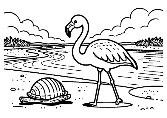 Un flamant rose marche près d’un coquillage dans un vaste estuaire parsemé de bancs de sable.