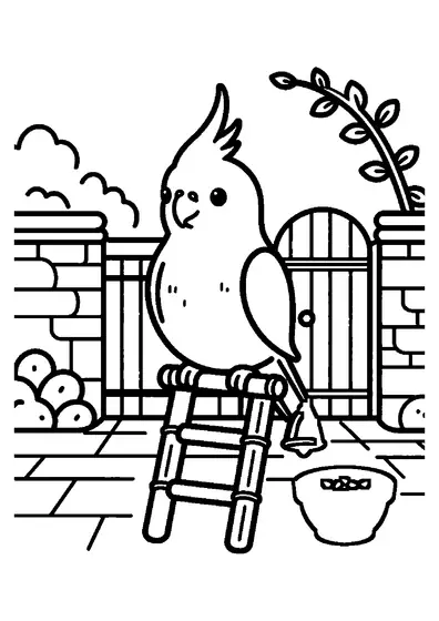 Una ninfa con copete sobre una escalera de bambú en un patio soleado.