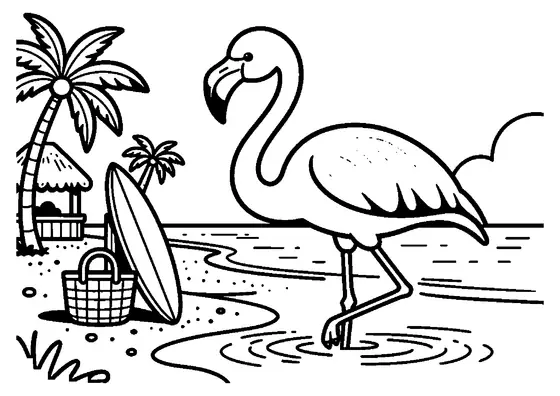 Un stol de flamingi merge prin apă puțin adâncă lângă o colibă de plajă acoperită cu frunze de palmier.
