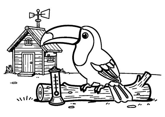 Un tucan cu cioc mare stă pe un ciot lângă un barometru și un pluviometru, în apropierea unei cabane din pădure.
