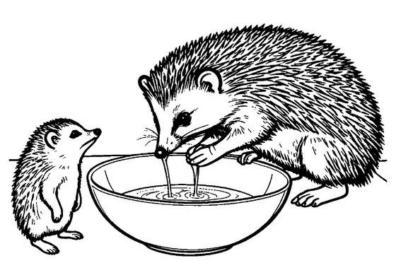 Dos adorables erizos están junto a un gran cuenco de agua; uno bebe mientras el otro permanece a su lado observándolo.