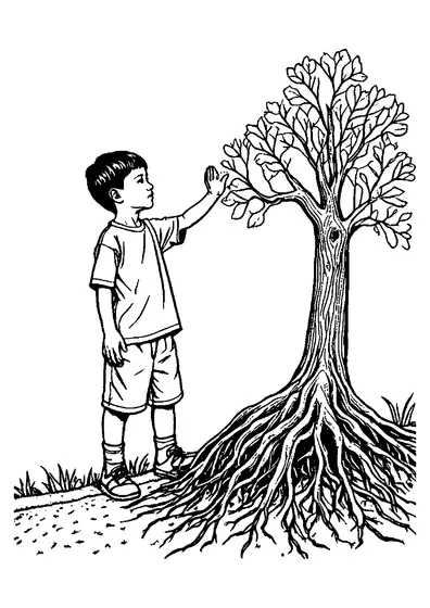 Um menino de calções está de pé perto de uma árvore grande com raízes expostas e toca nas folhas com a mão, numa folha para colorir a preto e branco.