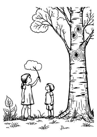 Uma menina e um menino estão de pé debaixo de um grande salgueiro numa clareira, com contornos limpos das figuras e do tronco da árvore, perfeitos para colorir