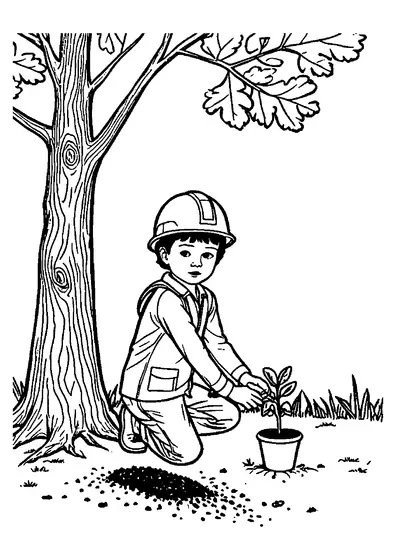 Un niño de la patrulla de la naturaleza, con casco protector, planta un pequeño roble en una maceta bajo un gran árbol, con zonas limpias para colorear.
