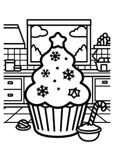 A large cupcake with Christmas tree frosting standing next to a candy cane in a holiday kitchen.