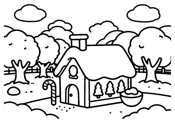 A large gingerbread house with iced snow on the roof standing next to a candy cane in a winter orchard.