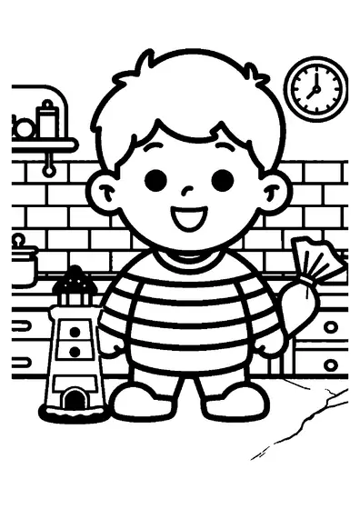 Un niño sonriente utiliza una manga pastelera para decorar con glaseado un faro de galleta de jengibre.