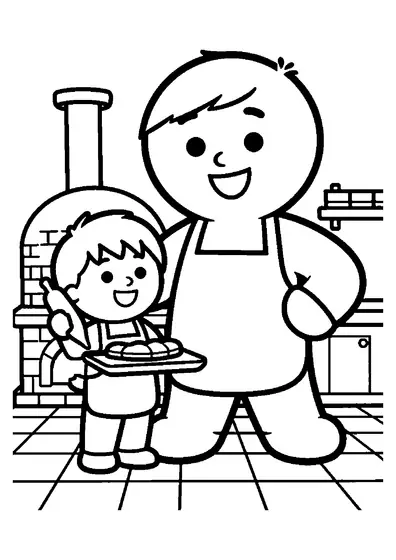 A smiling boy decorating a large gingerbread man with icing beside a traditional kitchen stove.