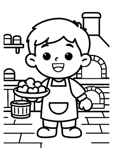 A boy in an apron arranging icing-decorated gingerbread hearts on a large metal baking tray.