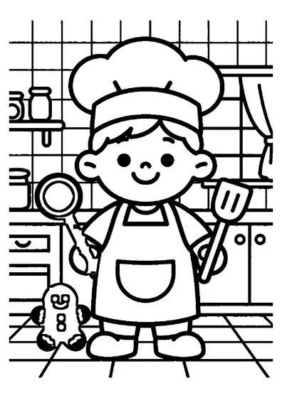 Un niño sonriente con gorro de cocinero junto a un molino hecho de galleta de jengibre.