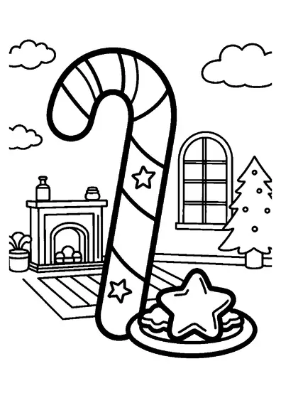 A giant striped candy cane next to a plate of gingerbread cookies in a cozy Christmas living room.