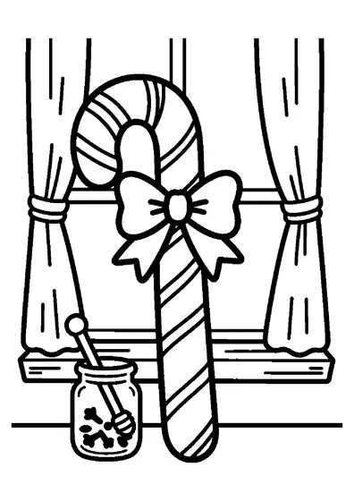 A large striped Christmas candy cane beside a jar of cloves on a wooden windowsill
