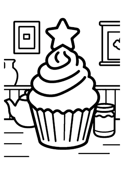A tall Christmas cupcake topped with a gingerbread star, displayed on a table beside a teapot.