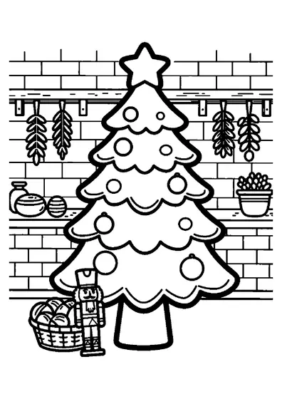 An iced gingerbread Christmas tree beside a basket of nuts on a wooden pantry shelf