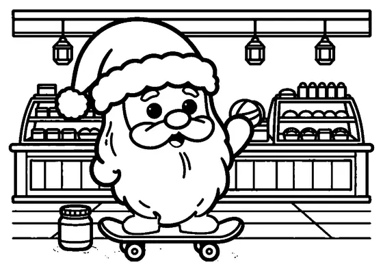 A gingerbread Santa hat with fluffy icing standing beside a gingerbread skateboard.